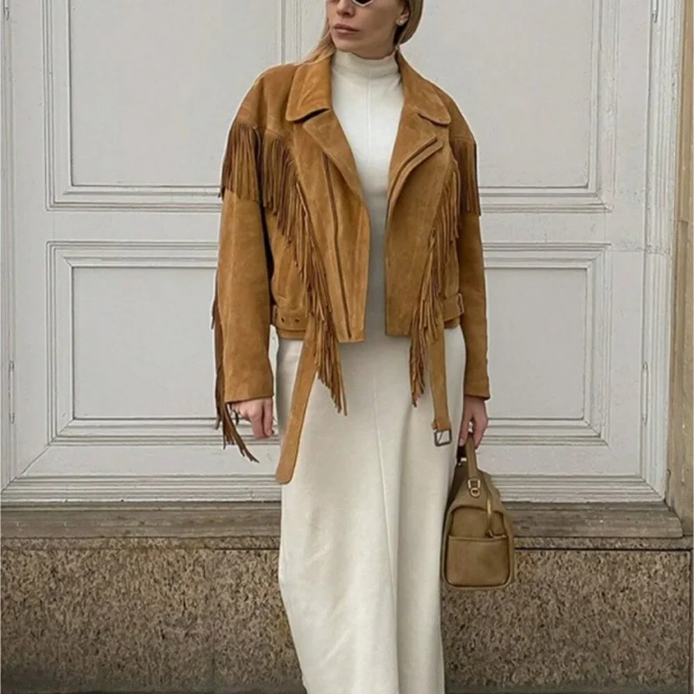 Khaki Casual Women's Lapel Tassel Wide Shoulder Streetwear Jacket - Picture 3 of 10